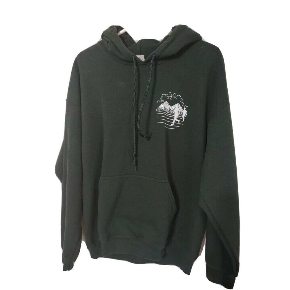 Mens Hoodie Sweatshirt Trail Runner Graphic Green Mens Size Large With Pocket